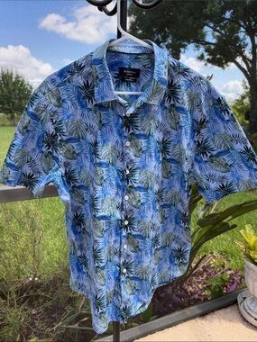 Bugatchi cotton shaped fit Blue/Green Tropical Leaf Short-Sleeve Button-Down